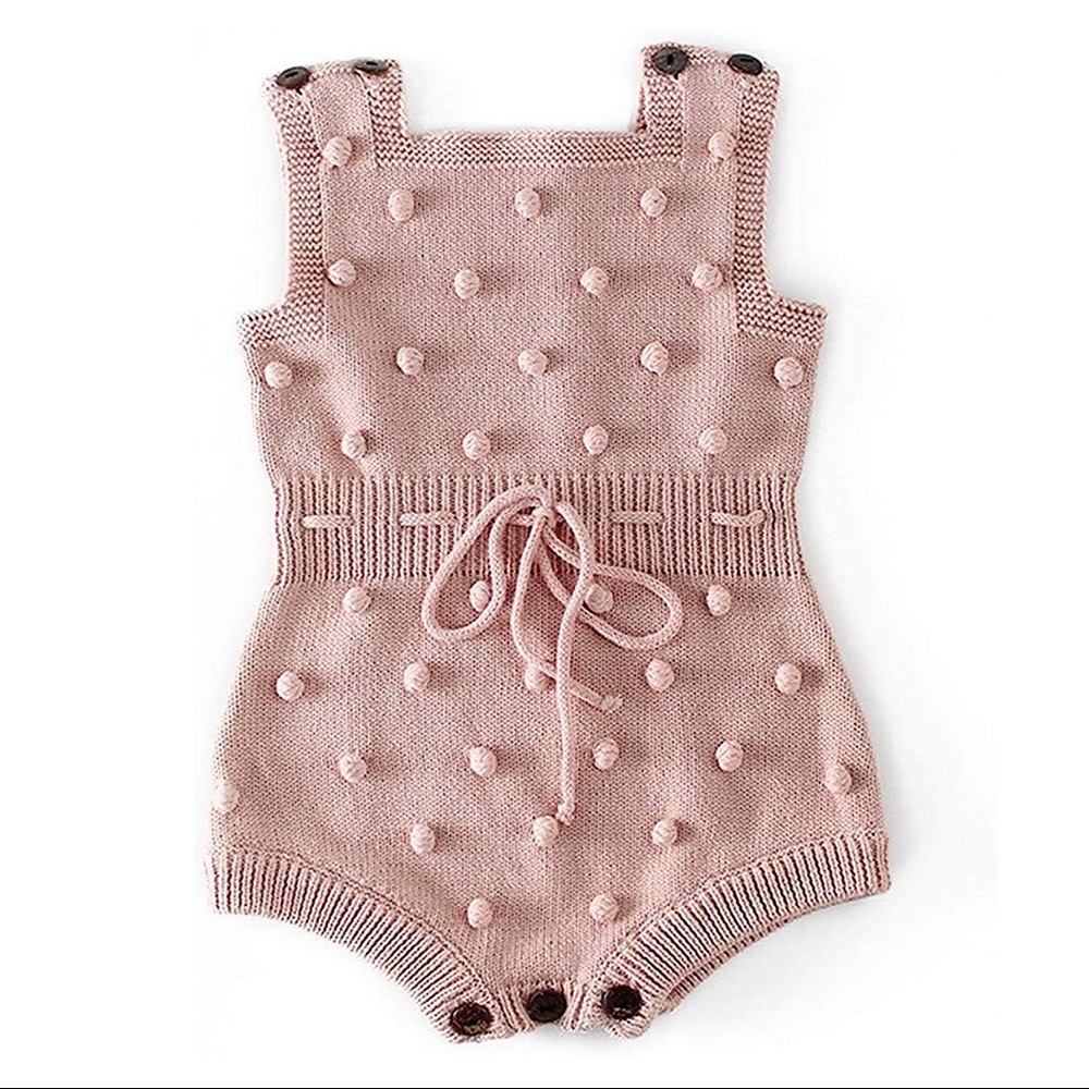 The EVIE Baby Girl PomPom Knit Romper in Blush